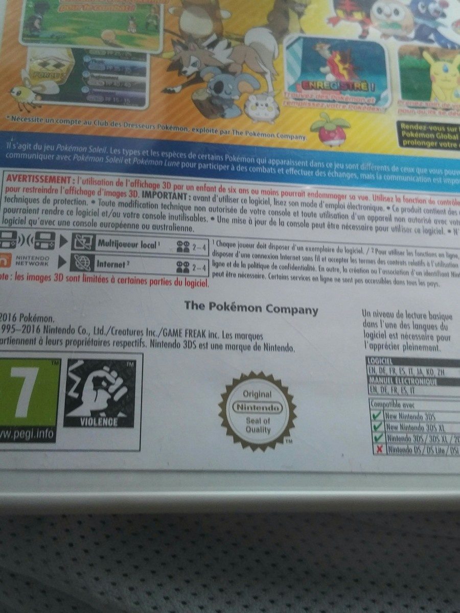 Jeu Nintendo 3DS - Pokémon Soleil - Ingredients - fr