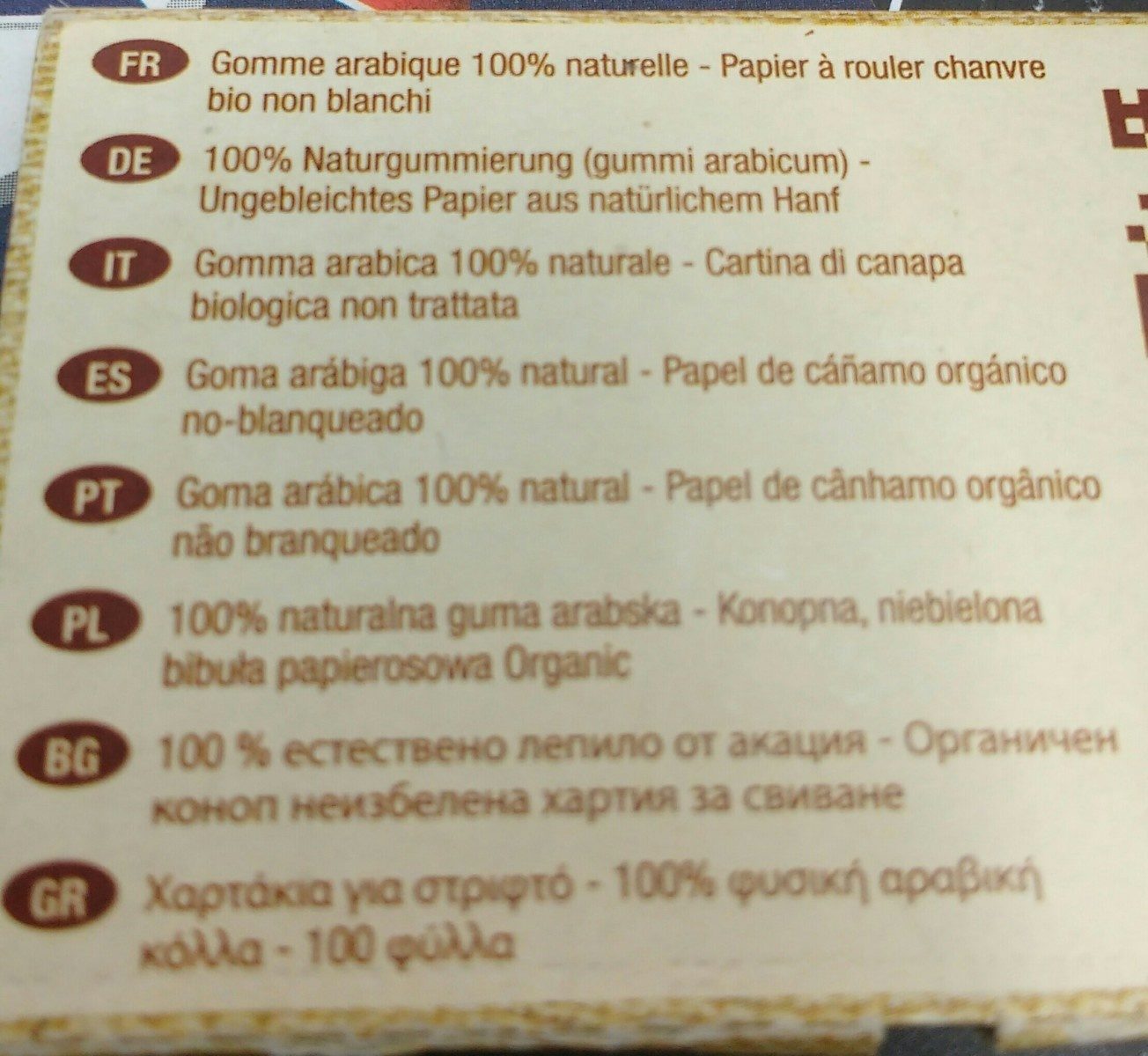 Organic Hemp Papers - Ingredients - fr