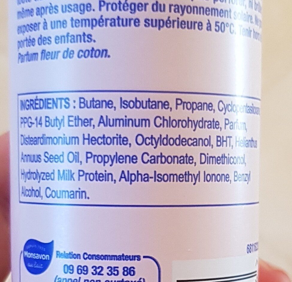 Monsavon Déodorant Anti-transpirant Spray Femme Fleur de Coton 200ml - Ingredients - fr