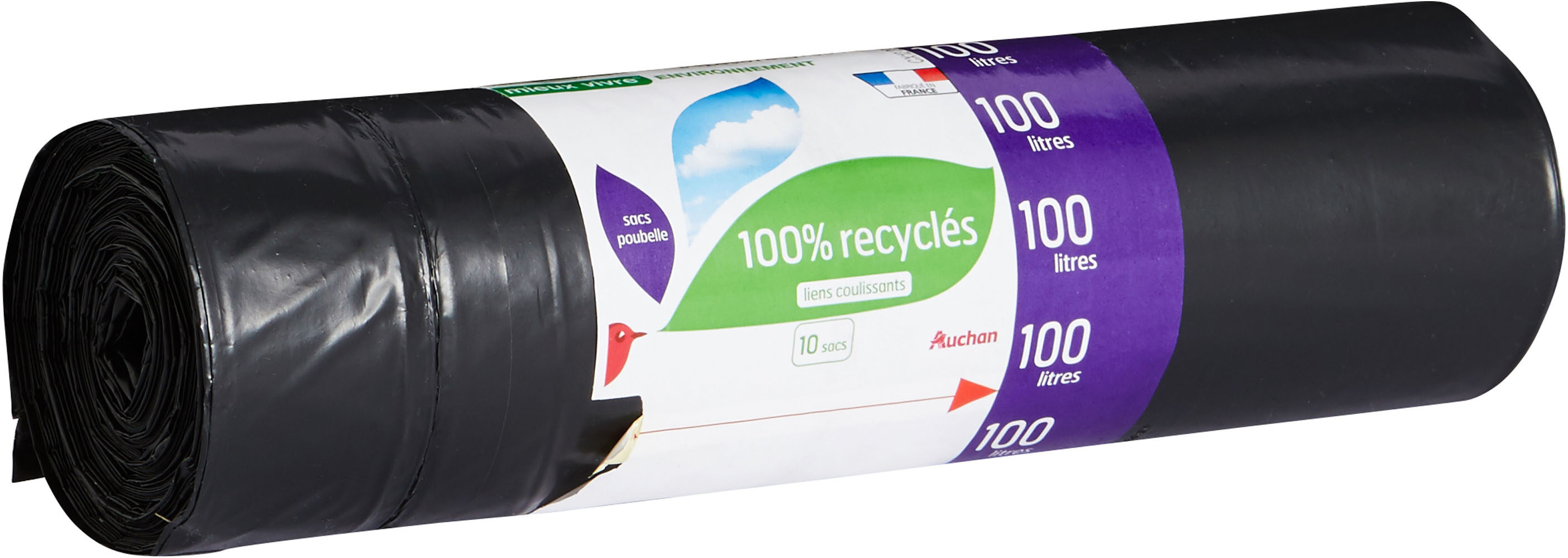 Auchan sacs poubelles eco recycles avec dessin 100l 10pcs - Produit - fr