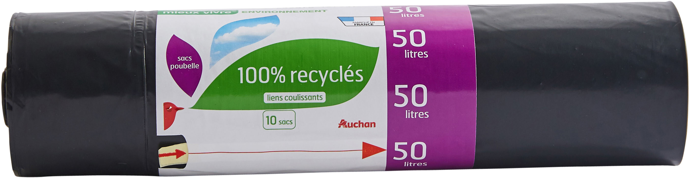 Auchan mieux vivre environnement sac poubelle recycle avec cordon 50l 10pcs - Product - en