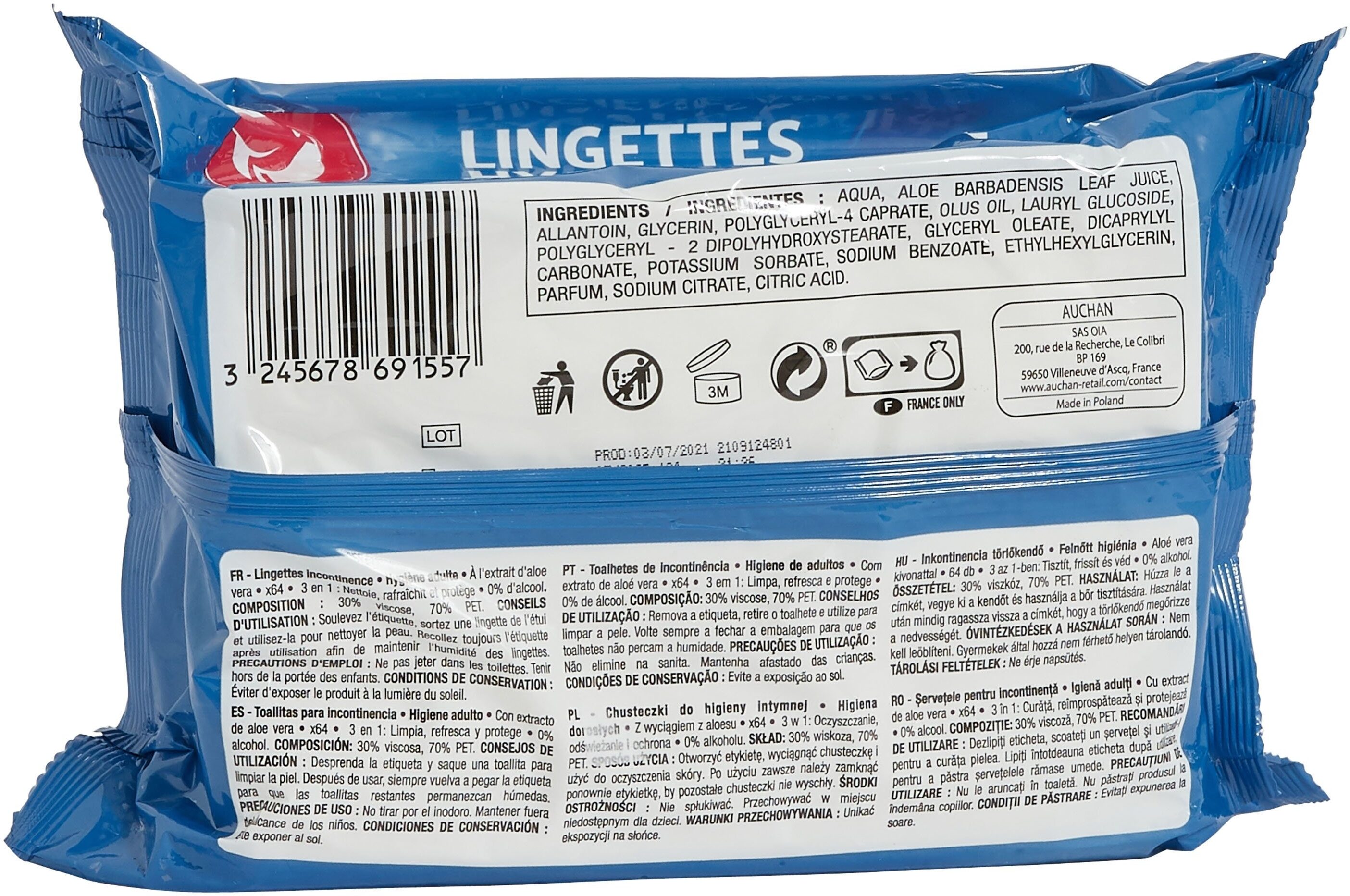 Lingettes hygiène adulte 3 en 1 - Auchan - 64 pièces