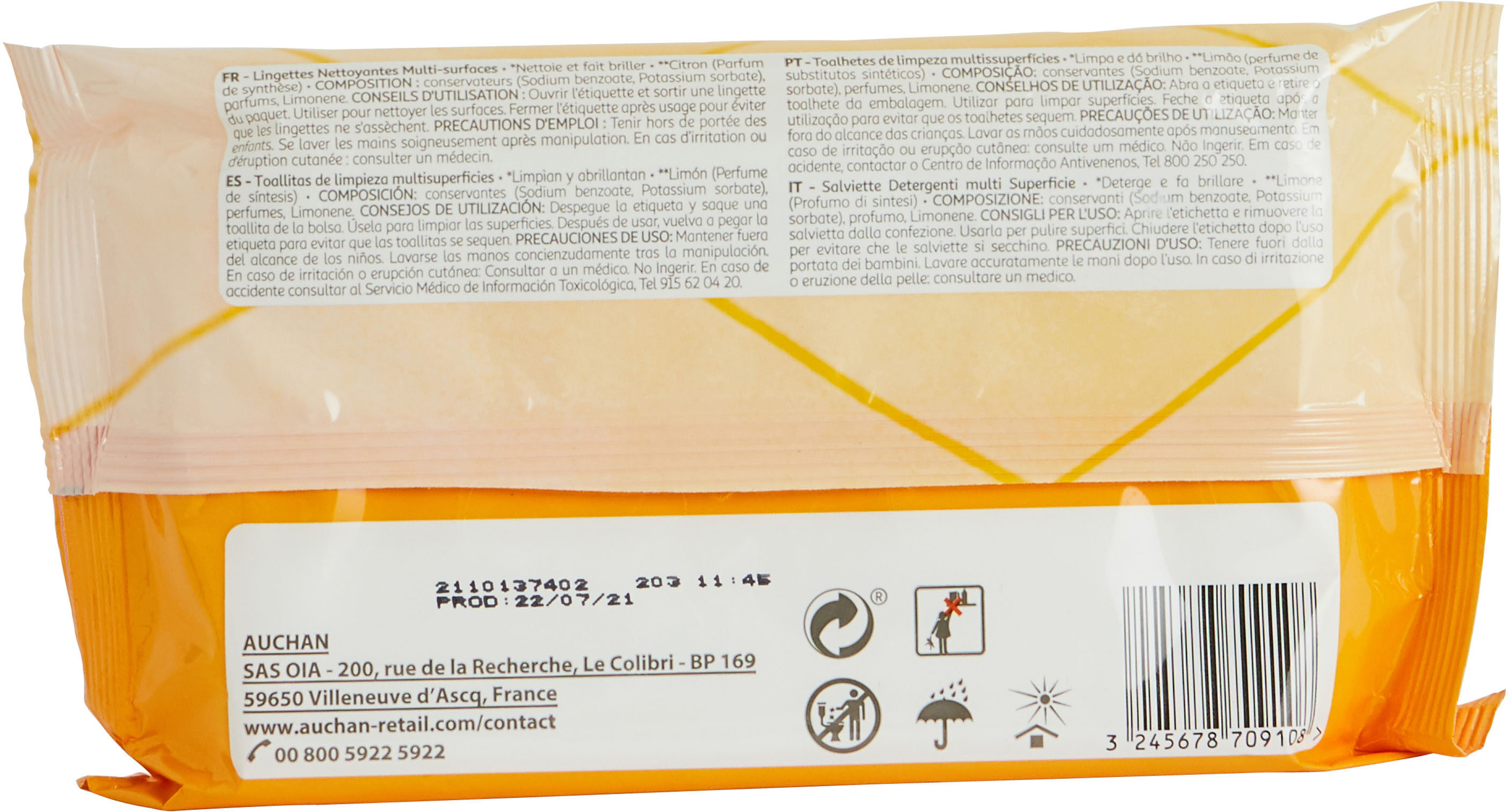 Auchan lingettes nettoyantes multi-surfaces citron x40 - Product - en