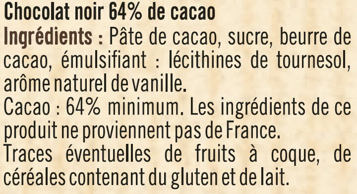 Tablette de chocolat corsé à pâtisser noir 64% - Ingrédients - fr