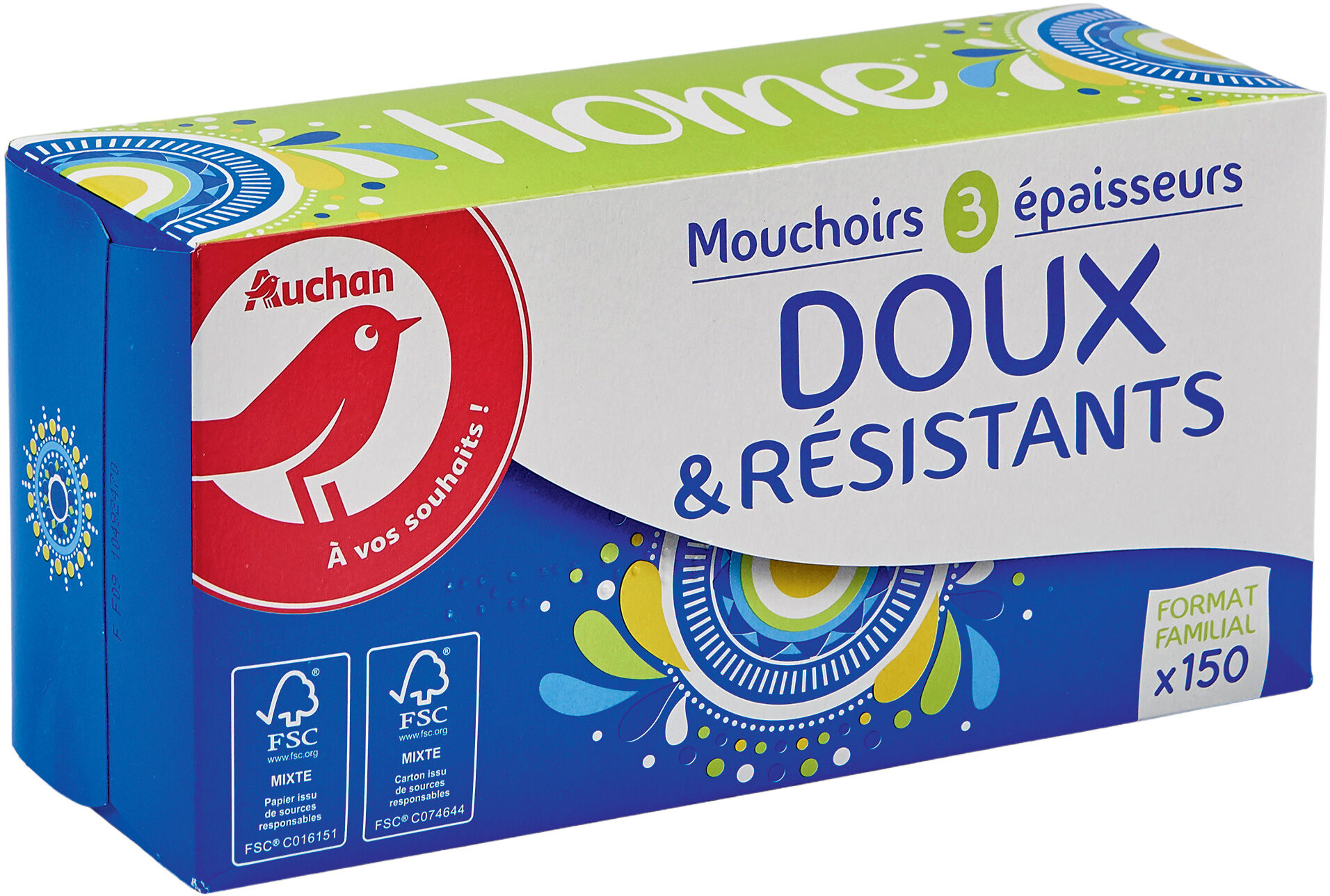 Auchan mouchoirs home boite x150 familiale doux et resistant - Product - fr