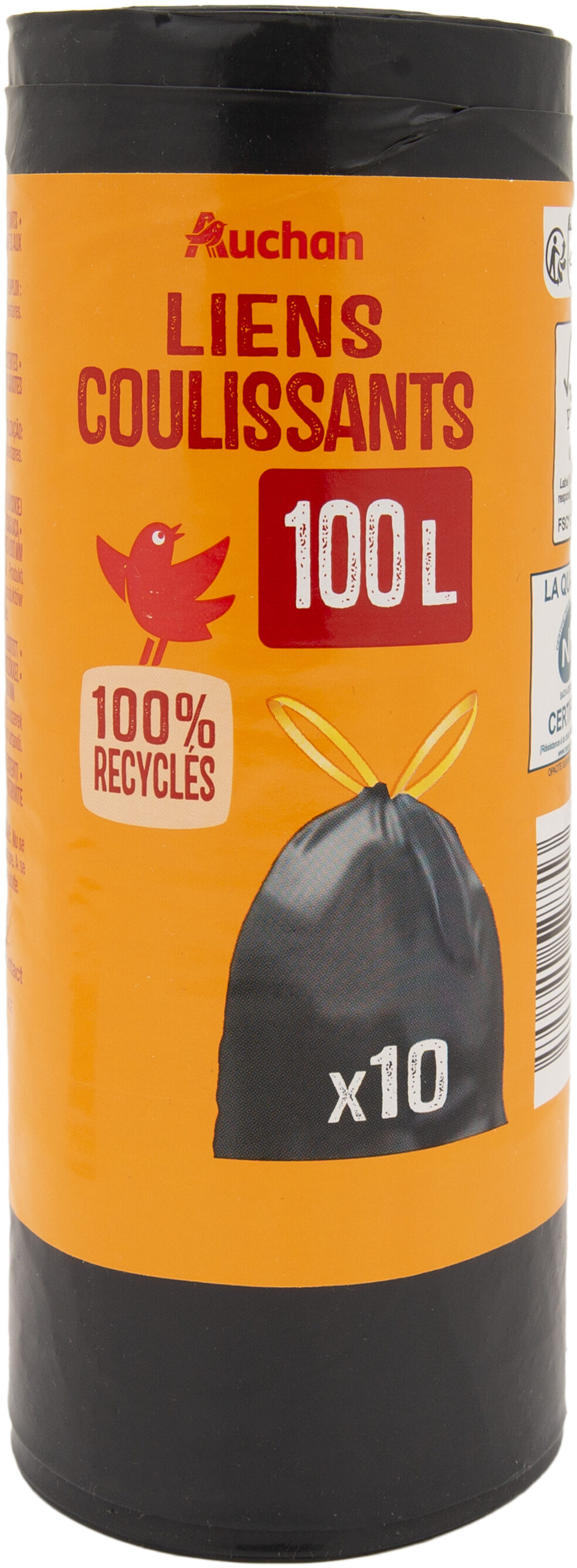 Auchan sacs poubelles liens coulissants 100l 10pcs - Produit - fr