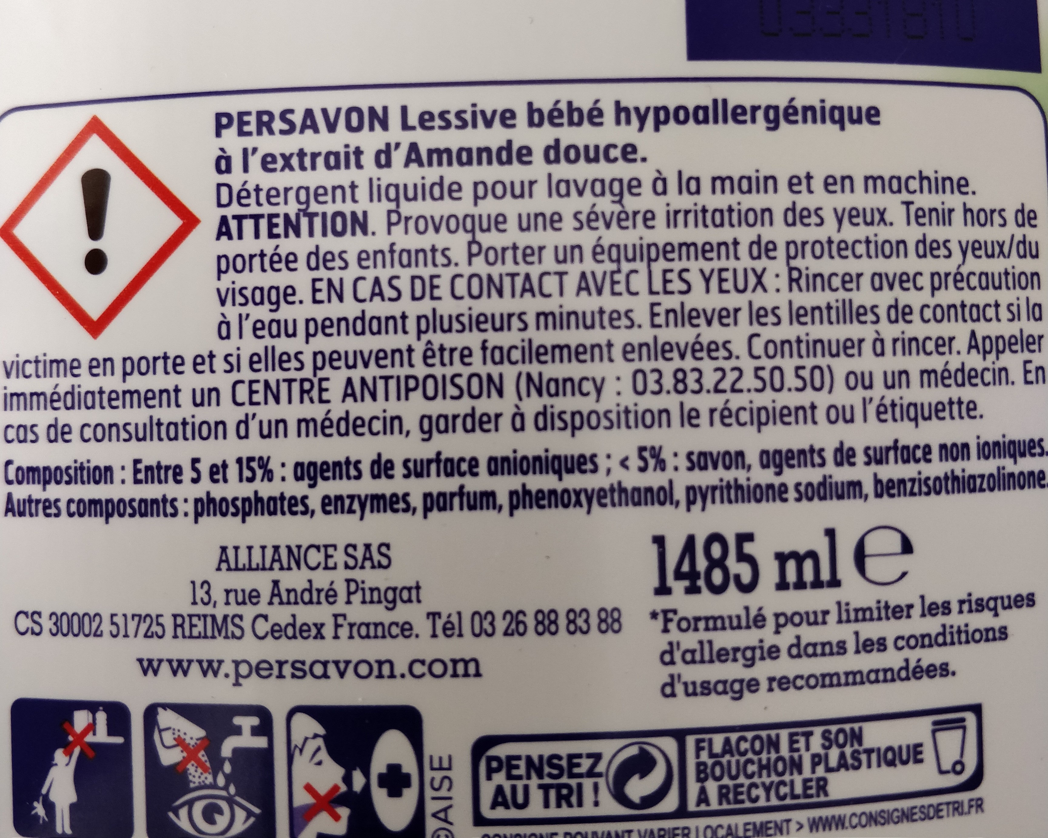 Lessive hypoallergénique Peaux Sensibles Bébé à l'extrait d'amande douce - Ingredients - fr