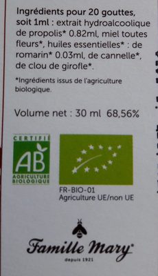 Solution hydro-alcoolique de propolis bio - Ingrédients - fr