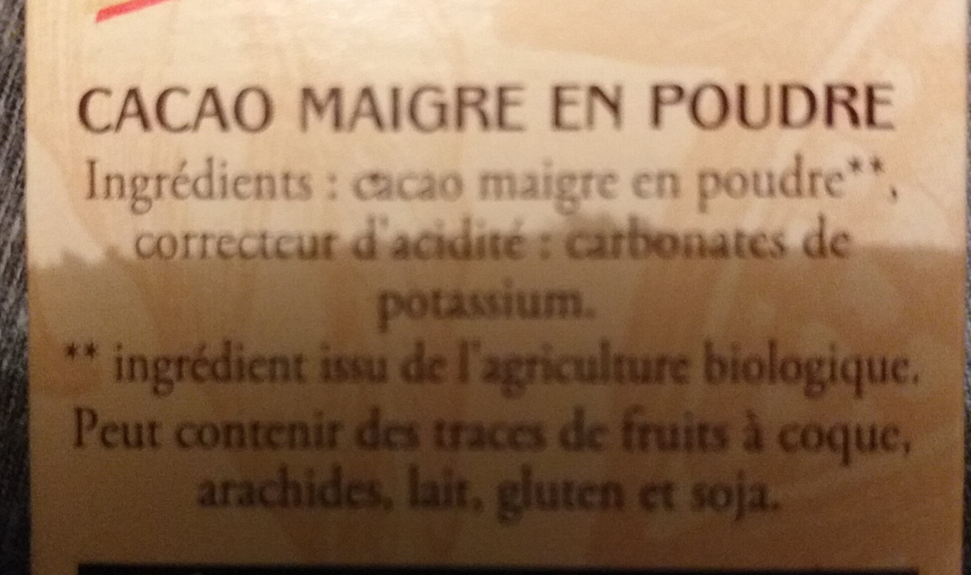 Le bio cacao non sucré - Ingredients - fr