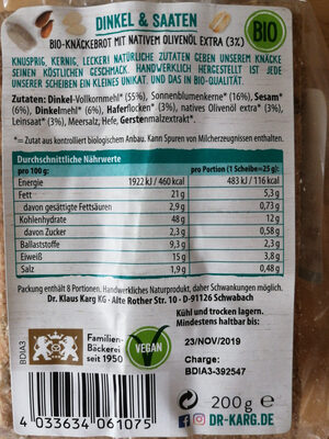 Dinkel und Saaten Bio-Knäckebrot - Ingredients - de