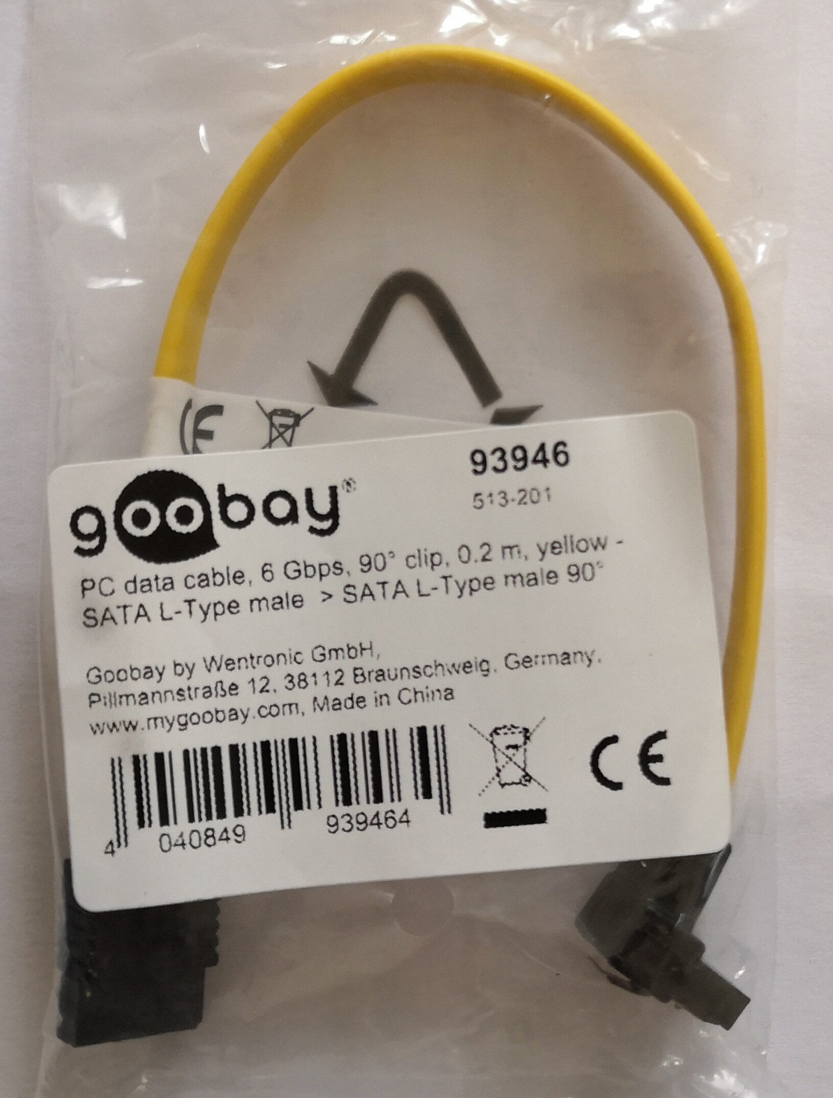 goobay SATA-Kabel, 6 Gbps, 90° L-Typ, 0,2 m, gelb - Product - de