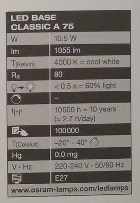 LED Base Classic A 75, 1055lm, E27 - Ingredients - de