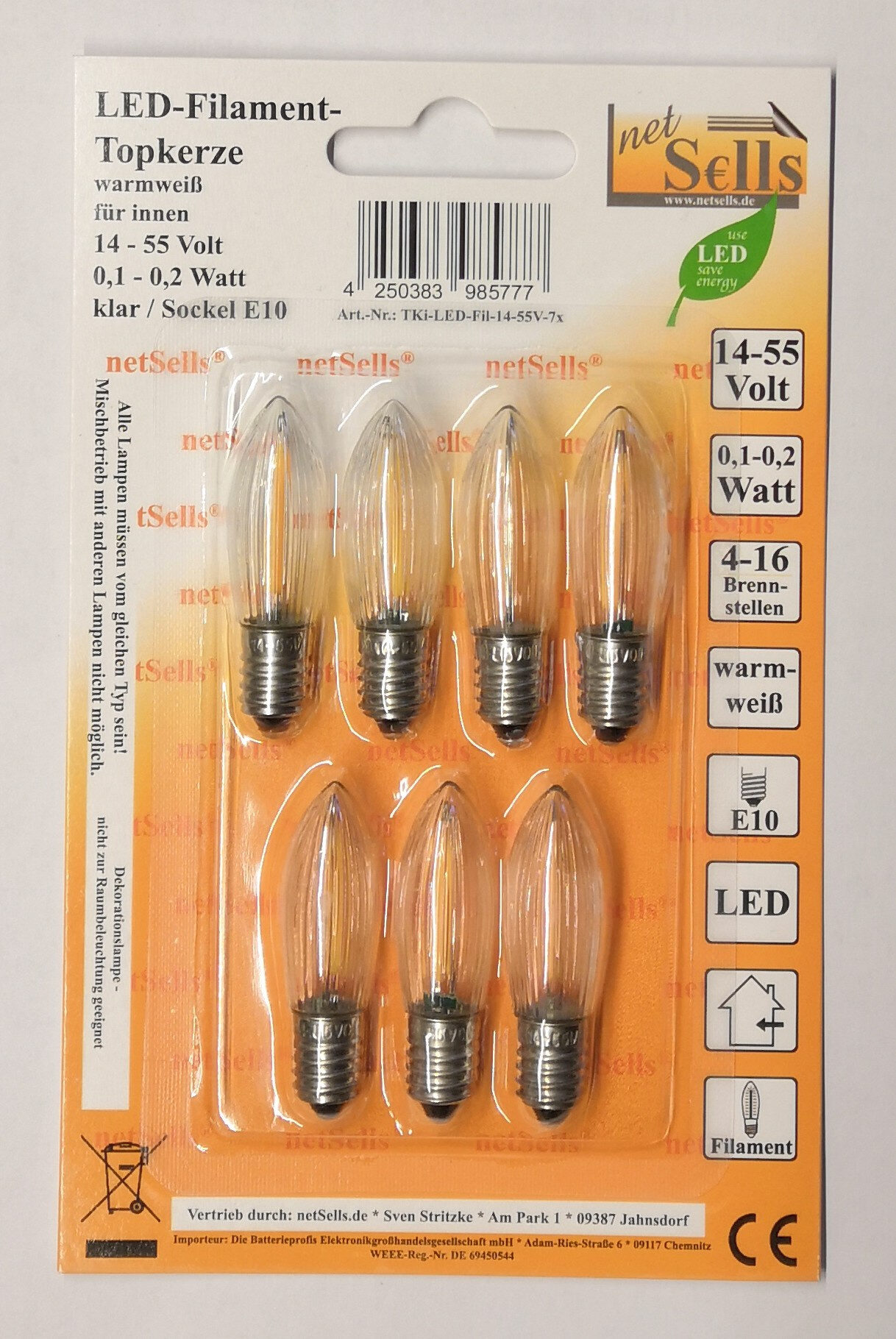 LED-Filament-Topkerze, warmweiß, E10 - Product - de