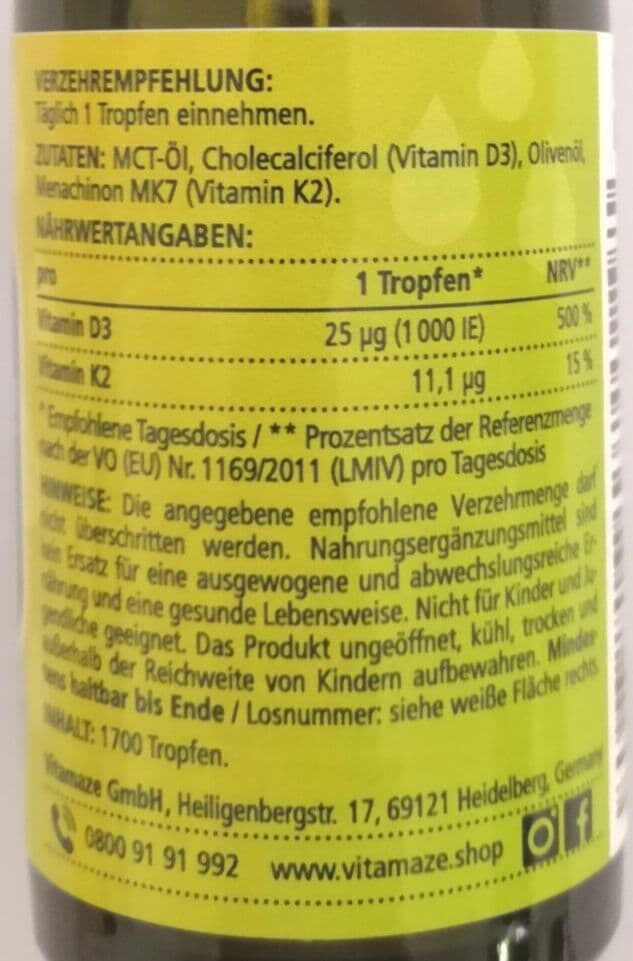 vitamze Vitmain D3+K2 Tropfen, hochdosiert - Ingredients - de