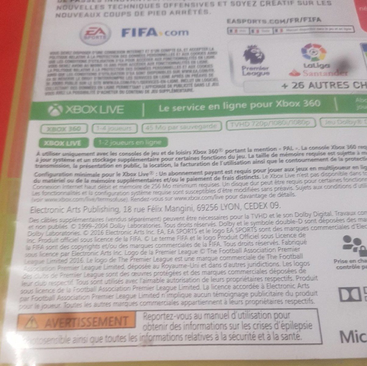 Fifa 17 Jeu Xbox 360 - Ingredients - fr