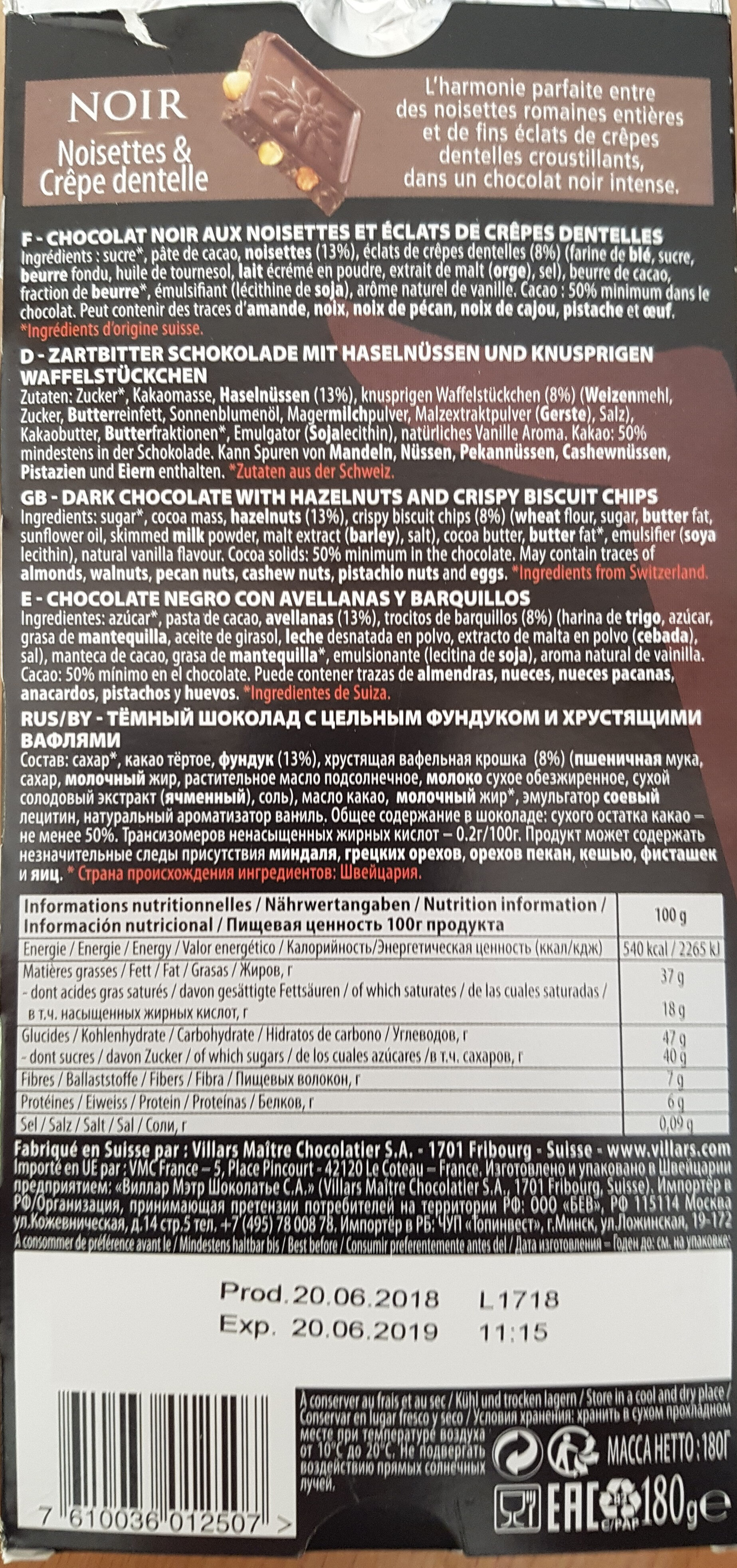 villars pur chocolat suisse noir noisettes et crêpe dentelle - Ingredients - fr
