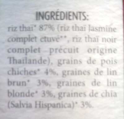 Mélange oméga 3 biologique avec riz Thaï, graines de lin brun et blonde, graines de Chia (salvia hispanica) - Ingredients - fr