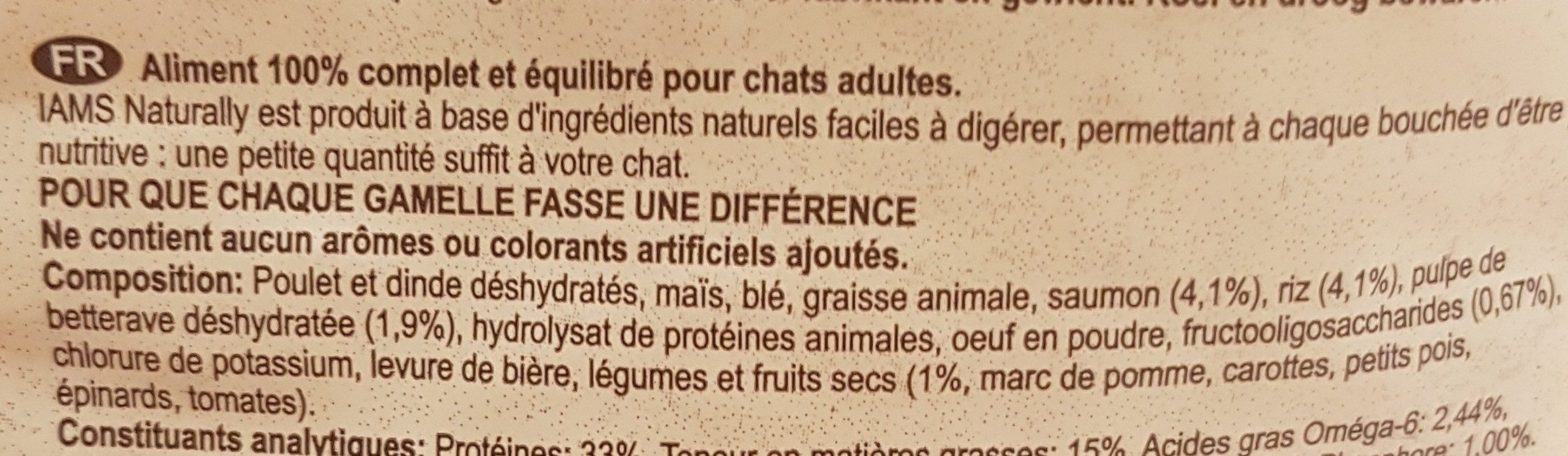 Iams Naturally Adult Cat Salmon and Rice - Ingrédients - fr