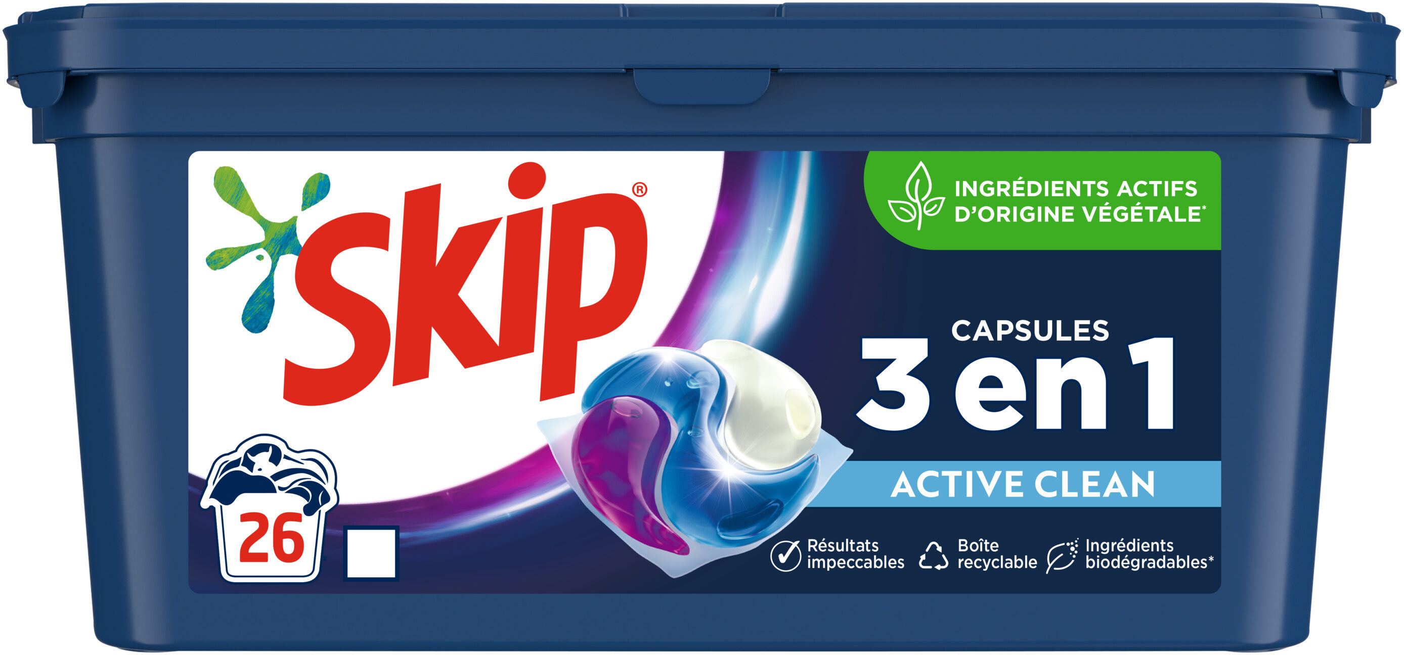 Skip Lessive Capsules 3-en-1 Active Clean 26 Lavages - Product - fr