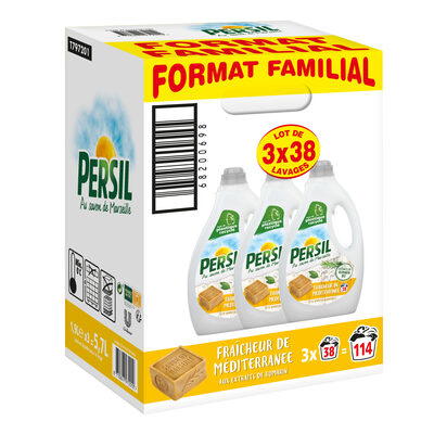 Persil Lessive Liquide Fraîcheur de Méditerranée aux extraits de Romarin Bio - Format Familal Lot 3x1.9L - 114 Lavages - 1