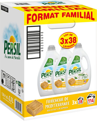 Persil Lessive Liquide Fraîcheur de Méditerranée aux extraits de Romarin Bio - Format Familal Lot 3x1.9L - 114 Lavages - Product