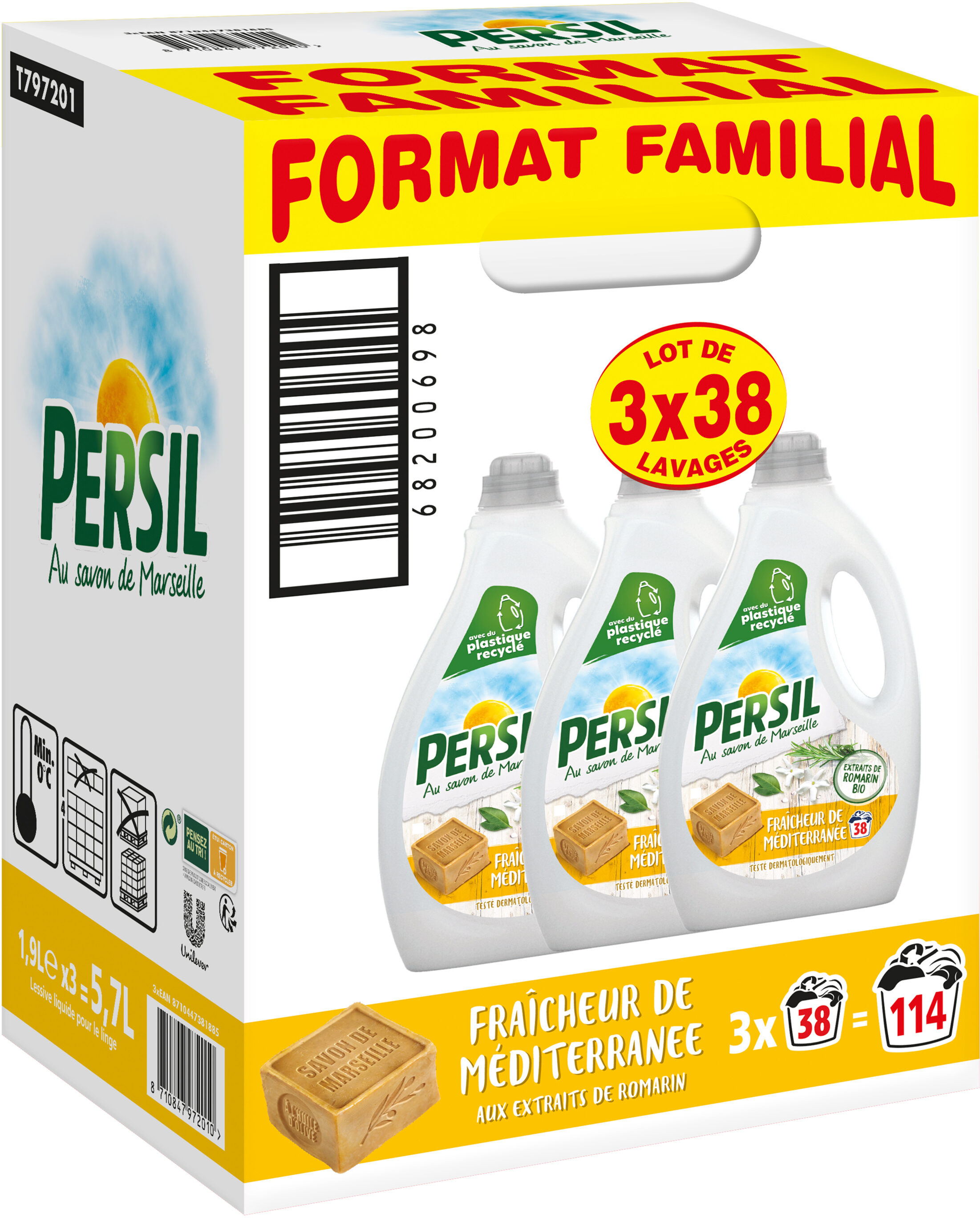 Persil Lessive Liquide Fraîcheur de Méditerranée aux extraits de Romarin Bio - Format Familal Lot 3x1.9L - 114 Lavages - Product - fr