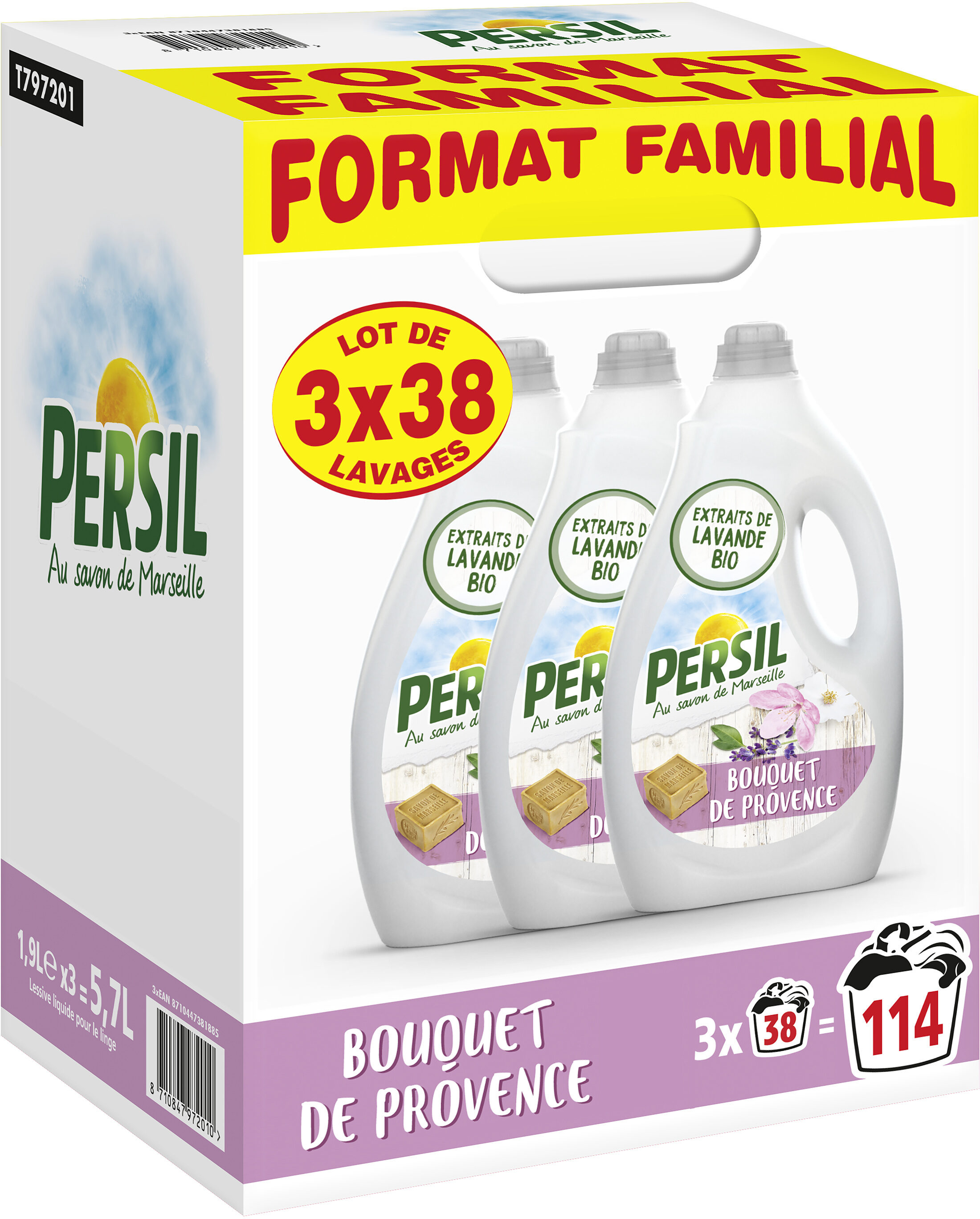 Persil Lessive Liquide Bouquet de Provence aux extraits de Lavande - Format Familial Lot 3x1.9L - 114 Lavages - Produit - fr